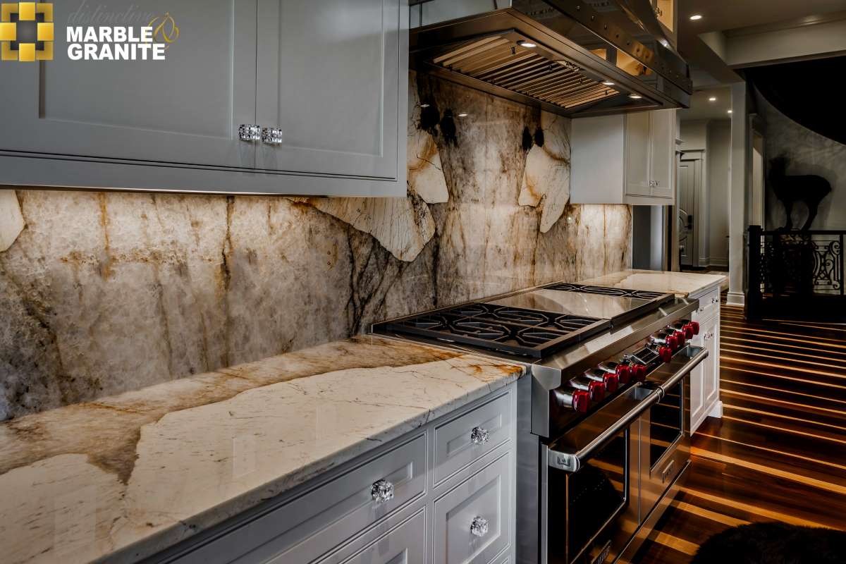 Traditional Transitional Kitchen With Dramatic Stone Surfaces And Contrasting Cabinetry Kitchen Remodel by Distinctive Marble & Granite project photo 4